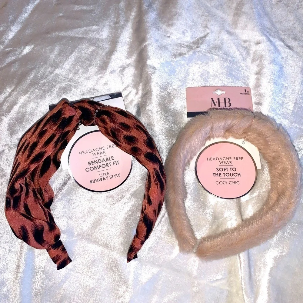 2 New Headbands Animal Print and Furry brown and pink Headache Free